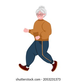 Smiling grandma is running. An elderly woman goes in for sports. The concept of longevity and a healthy lifestyle. Vector isolated flat illustration on the white background.