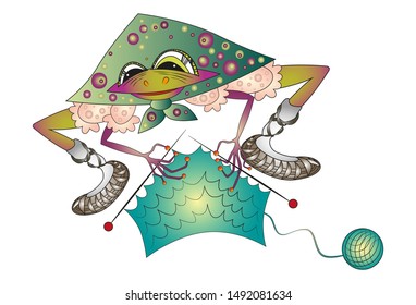 Smiling grandmother frog with typical russian boots is knitting. Cartoon character. Vector illustration