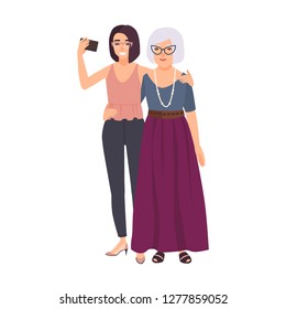 Smiling grandmother and granddaughter standing together and taking selfie on smartphone. Happy old lady and young teenage girl making photo on mobile phone. Vector illustration in flat cartoon style.