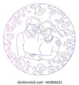 Smiling grandmother and grandfather hugging  in a round frame of curls and hearts. Grandparents day card.Line style. Vector illustration.
