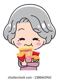 Smiling grandmother holding junk food