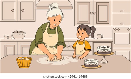 A smiling grandmother is kneading cake dough in the kitchen with her little granddaughter standing nearby and watching the process. Two already prepared cakes on the table and dough for new ones.