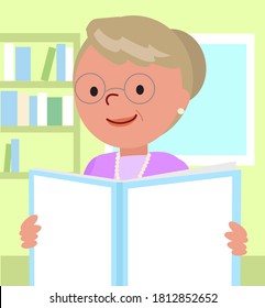 Smiling Grandmother reading in a book with blank cover in her house, cartoon vector illustration