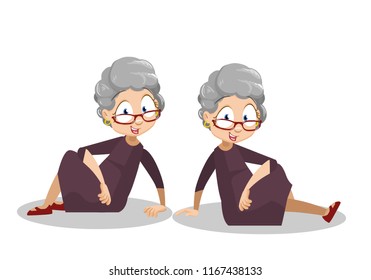 Smiling grandmother sitting on floor. Funny granny in glasses and brown dress. Old woman relax on ground in different poses. Friendly grandmother personage. Happy pension lifestyle vector illustration