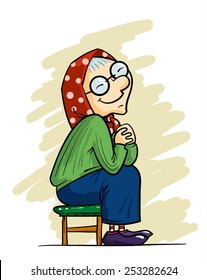 Smiling grandmother sitting on a stool