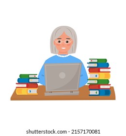 Smiling grandmother studying at  laptop. Online courses for seniors. Gray man. Stacks of books in the workplace. Vector illustration, cartoon character