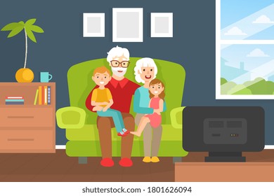 Smiling Grandparents and Grandchildren Sitting on Sofa in Living Room at Home, Grandparents Spending Time with their Grandchildren at Home Cartoon Vector Illustration