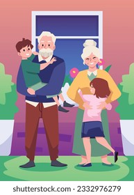 Smiling grandparents and grandchildren spend time together. Grandmom and granddad hug happy kid portrait. Warm family hugs and embrace. Cartoon vector illustration