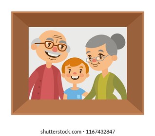 Smiling grandparents with grandson framed photo. Vector illustration of happy caucasian family. Grandparents day greeting card.