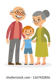 Smiling grandparents with grandson isolated on white background. Vector illustration of happy caucasian family. Grandparents day greeting card.
