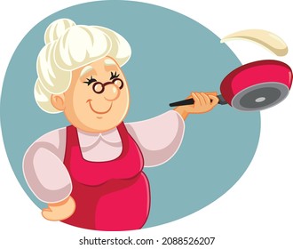 
Smiling Granny Making Pancakes Vector Cartoon Illustration. Senior Woman Cooking Preparing Breakfast For Her Family
