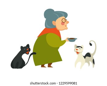 Smiling granny, old lady holding a bowl with food for her two waiting cats colorful cartoon, flat concept vector illustration on white background