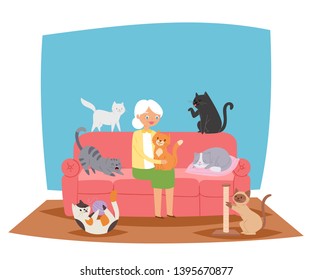 Smiling Granny, Old Lady Holding Cat Banner Vector Illustration. Woman Sitting On Sofa In Living Room. Pets Playing With Ball Of Yarn And Claw Sharpener. Kitten Sleeping On Pillow.