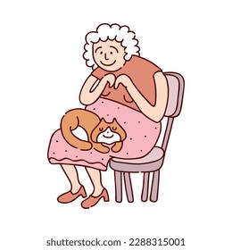 Smiling granny sitting on char with cat sleeping on her knees flat vector illustration