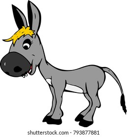 smiling gray baby donkey girl with yellow bangs, hand drawn cartoon character isolated on white background