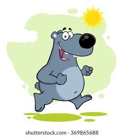 Smiling Gray Bear Cartoon Character Running. Vector Illustration With Background Isolated On White