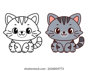 Sorrindo gatinho de desenhos animados cinza na versão em linha e cor, personagem de gato bonito adorável para crianças colorindo livros, páginas educacionais imprimíveis, design adesivo emocional e decoração de arte de parede de berçário. Vetor
