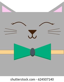 Smiling gray cat with a green bow vector illustration