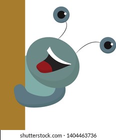 A smiling gray monster with two antenna eyes peeking beside a post, vector, color drawing or illustration. 