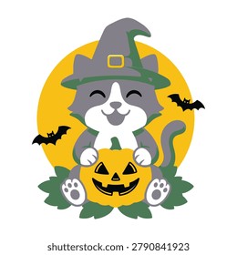 A smiling gray and white cat wearing a witch hat holds a carved pumpkin bucket outdoors on Halloween