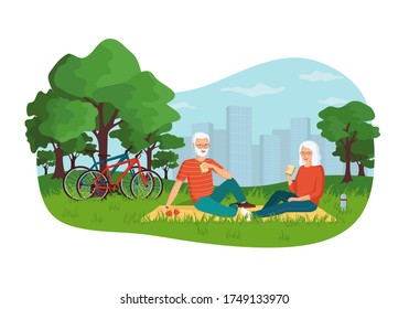 Smiling gray-haired man and woman are sitting in a city park. Concept elderly couple on a bike ride. Active holiday in retirement. Happy elderly family. Cartoon vector illustration.