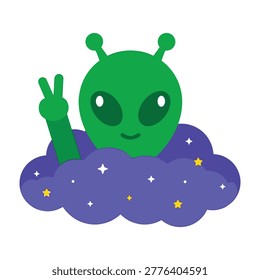A smiling green alien with antennae waves a peace sign from a purple cloud with stars, conveying a playful and friendly extraterrestrial mood in a whimsical setting, perfect for creative projects.