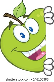 Smiling Green Apple Character Hiding Behind A Sign. Vector Illustration