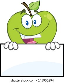 Smiling Green Apple Hiding Behind A Sign. Vector EPS 10