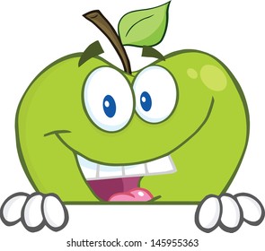 Smiling Green Apple Hiding Behind A Blank Sign. Vector EPS 10