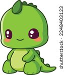Smiling green baby dino dinosaur sitting in a chibi style