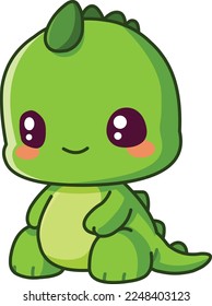 Smiling green baby dino dinosaur sitting in a chibi style