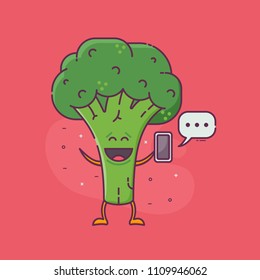 Smiling green broccoli messaging. Sending and receiving messages or email concept with cute vegetable broccoli or cabbage character holding smartphone. Vegetarian social network illustration.