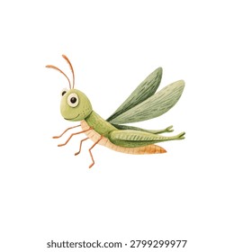 Smiling green cartoon grasshopper with wings