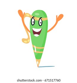 Smiling green cartoon humanized pen character greeting vector Illustration
