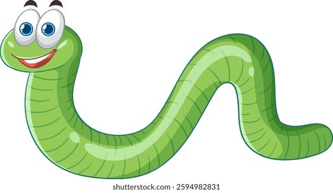 Smiling green cartoon worm with friendly expression and bright eyes