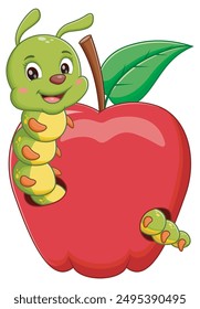 Smiling green caterpillar inside a red apple with leaf. Perfect for children books, nature magazines, educational materials. Vector illustration