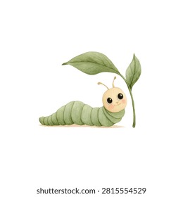 Smiling green caterpillar with leaves