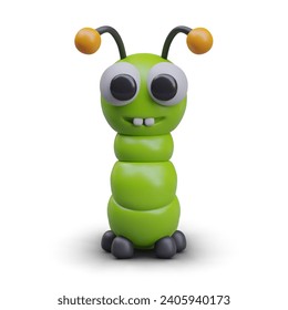 Smiling green caterpillar with two teeth. Cute character for web design. Baby insect herbivore. Vector 3D creature, front view. Encouraging, cheerful concept