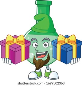 A smiling green chemical bottle cartoon design having Christmas gifts