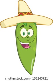 Smiling Green Chili Pepper Cartoon Mascot Character With Mexican Hat 