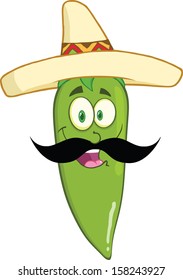 Smiling Green Chili Pepper Cartoon Mascot Character With Mexican Hat And Mustache