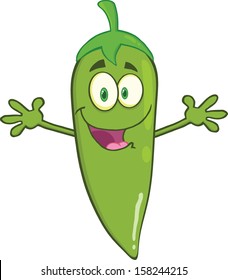 Smiling Green Chili Pepper Cartoon Mascot Character With Welcoming Open Arms