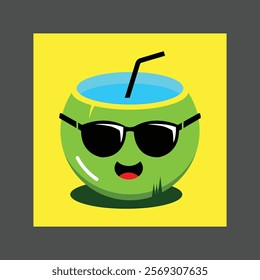 A smiling green coconut drink with a straw and sunglasses against a yellow background