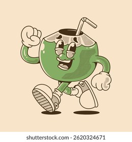 Smiling green coconut wearing shoes in vintage cartoon style