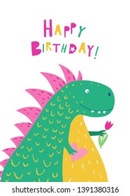 Smiling green dinosaur with a flower wishes happy birthday. Cute animal. Vector background. Isolated hand drawn illustration. Funny character for kids. Pencil texture. Happy Dino. Greeting card.