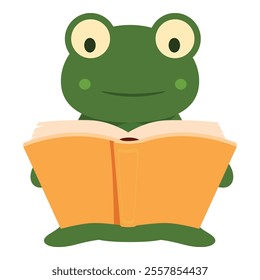 Smiling green frog enjoying a good book