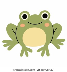 Rã verde sorridente em estilo de desenho animado plano. Ideal para a natureza, estação chuvosa, crianças aprendendo, anfíbios, animais, ou ilustrações educacionais bonitas.