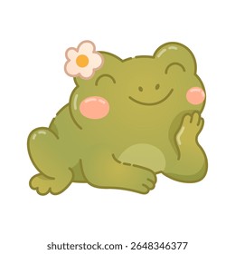 Smiling green frog with flower in cozy style