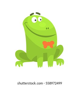 Smiling Green Frog Funny Character With Bow Tie Childish Cartoon Illustration