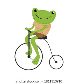 Smiling green frog riding vintage bicycle outdoors